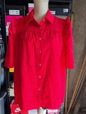 Women’s Button-Down Ruffle Sleeve Shirt in Bright Red